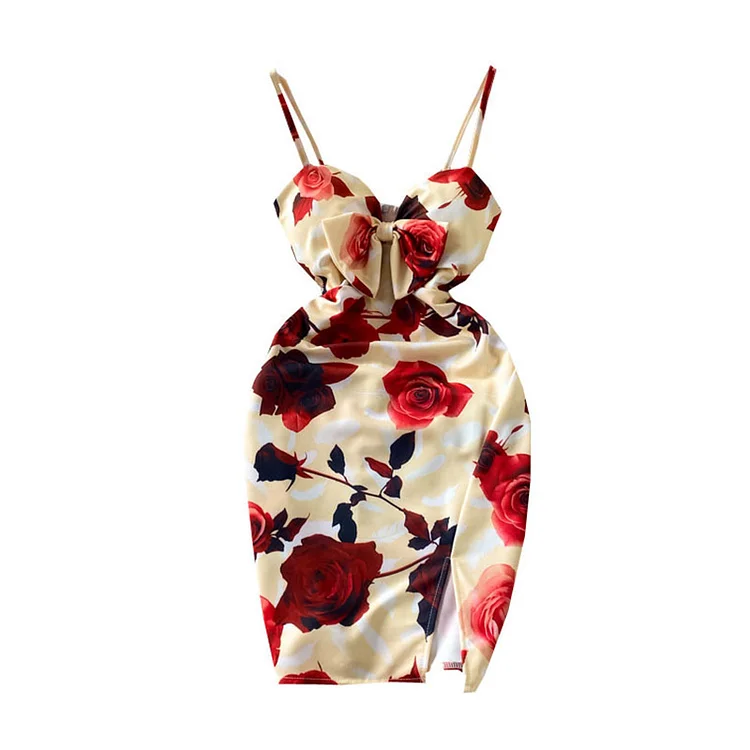 Backless Rose Print Bow Knot Split Slip Dress - Modakawa modakawa