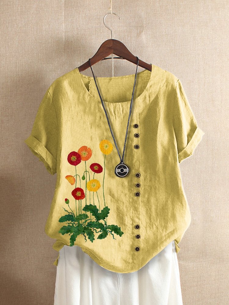 Floral Embroidery O neck Short Sleeve Casual T Shirt For Women P1817522