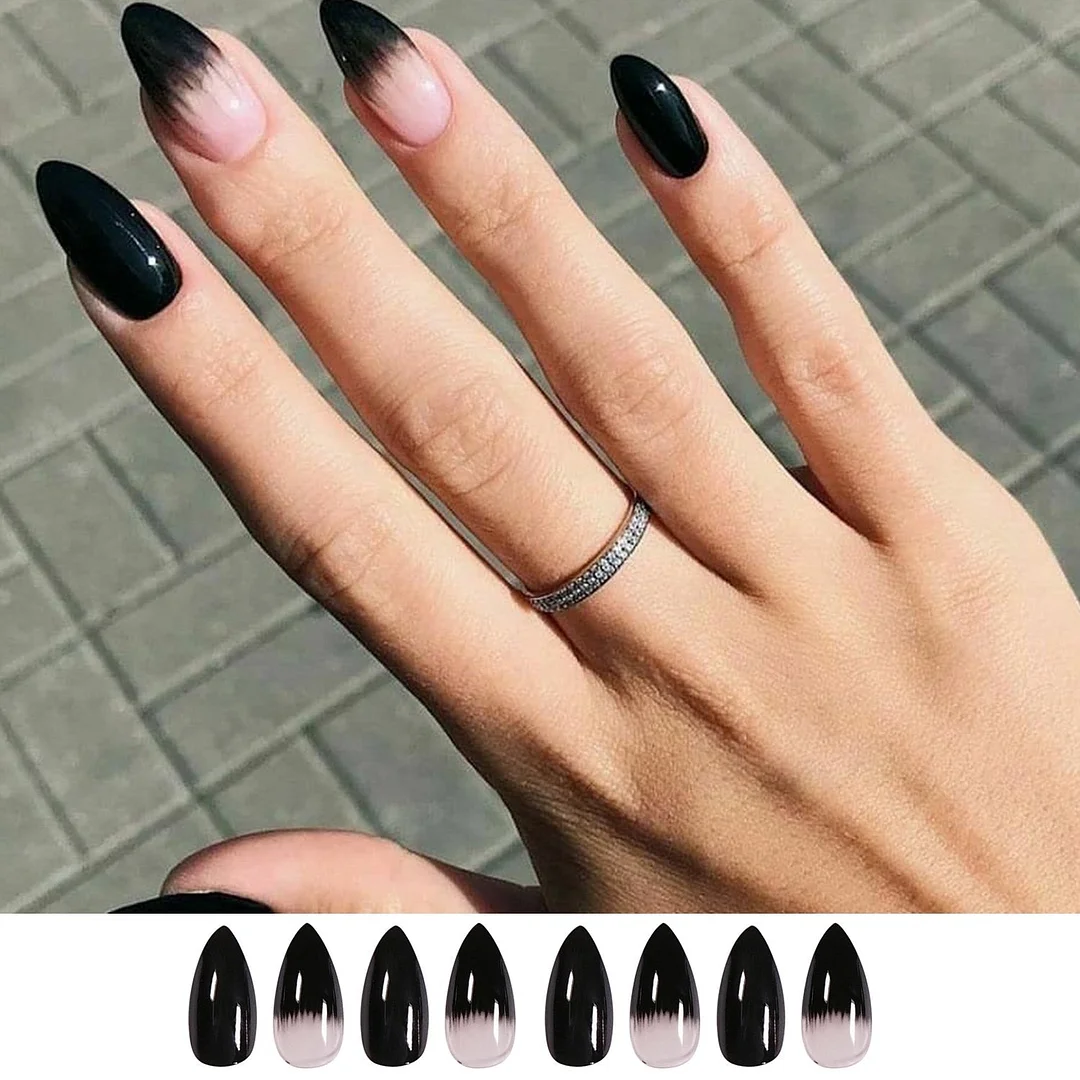 24pcs Detachable False Nails French with Black Line Fake Nails Full Cover Nail Art Tips Press on Nails with Glue Manicure Tools 515-Nail Inspo