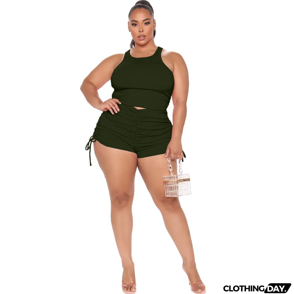 Plus Size Women's Tank Top Pleated Casual Shorts Two Piece Set