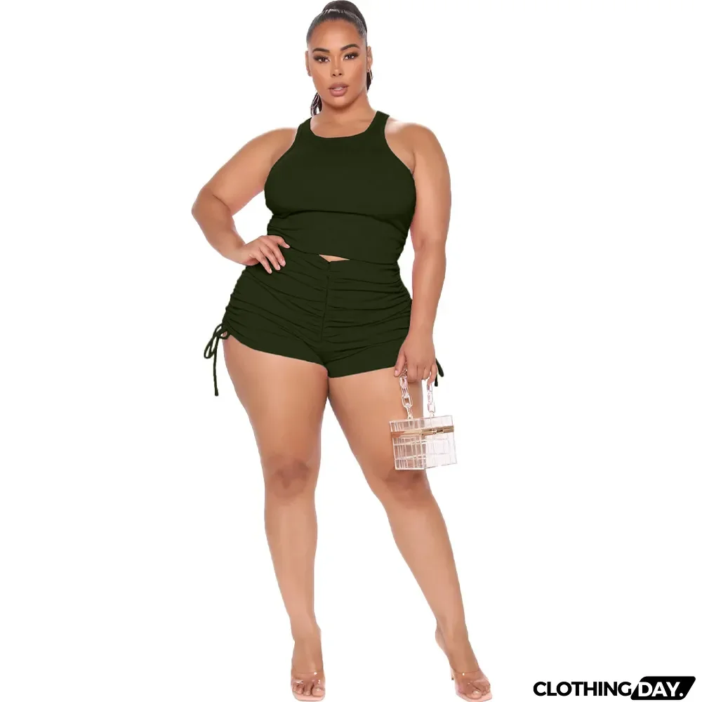 Plus Size Women's Tank Top Pleated Casual Shorts Two Piece Set