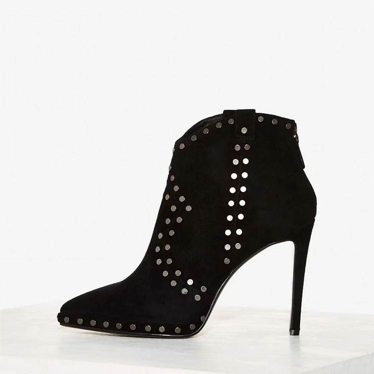 Black Suede Studs Ankle Booties Pointy Toe Stiletto Boots |FSJ Shoes