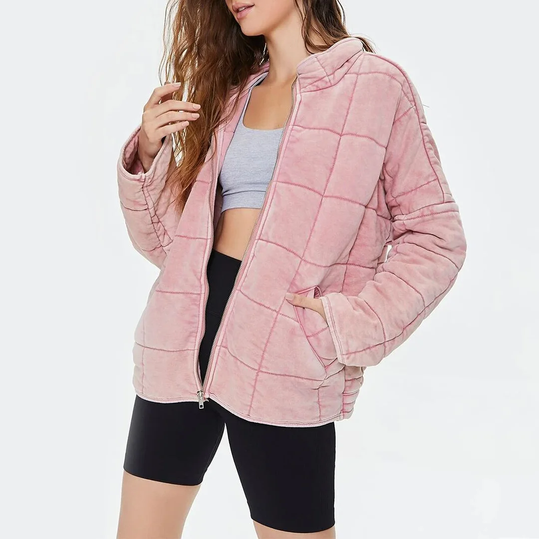 Casual Quilted Funnel Neck  Zip-Up Jacket