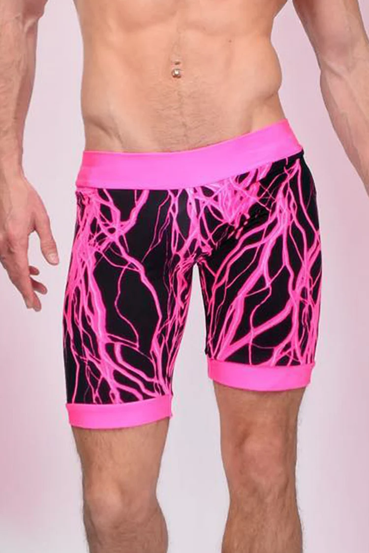 Ciciful Fluorescent Pink Lightning Print Stretchy Bodycon Cycling Festival Shorts