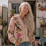 Bohemian Pink Rose Embroidered Casual V-neck Sweater - Image 2
