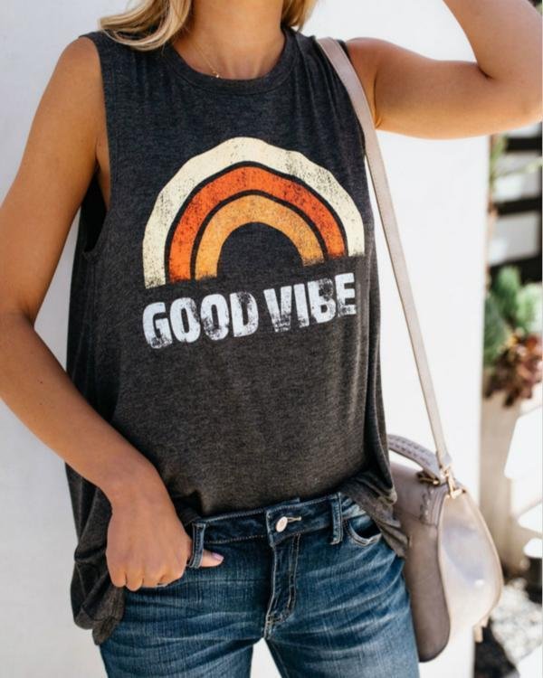 Good Vibes Printed Causal O-Neck Tank Tops For Women
