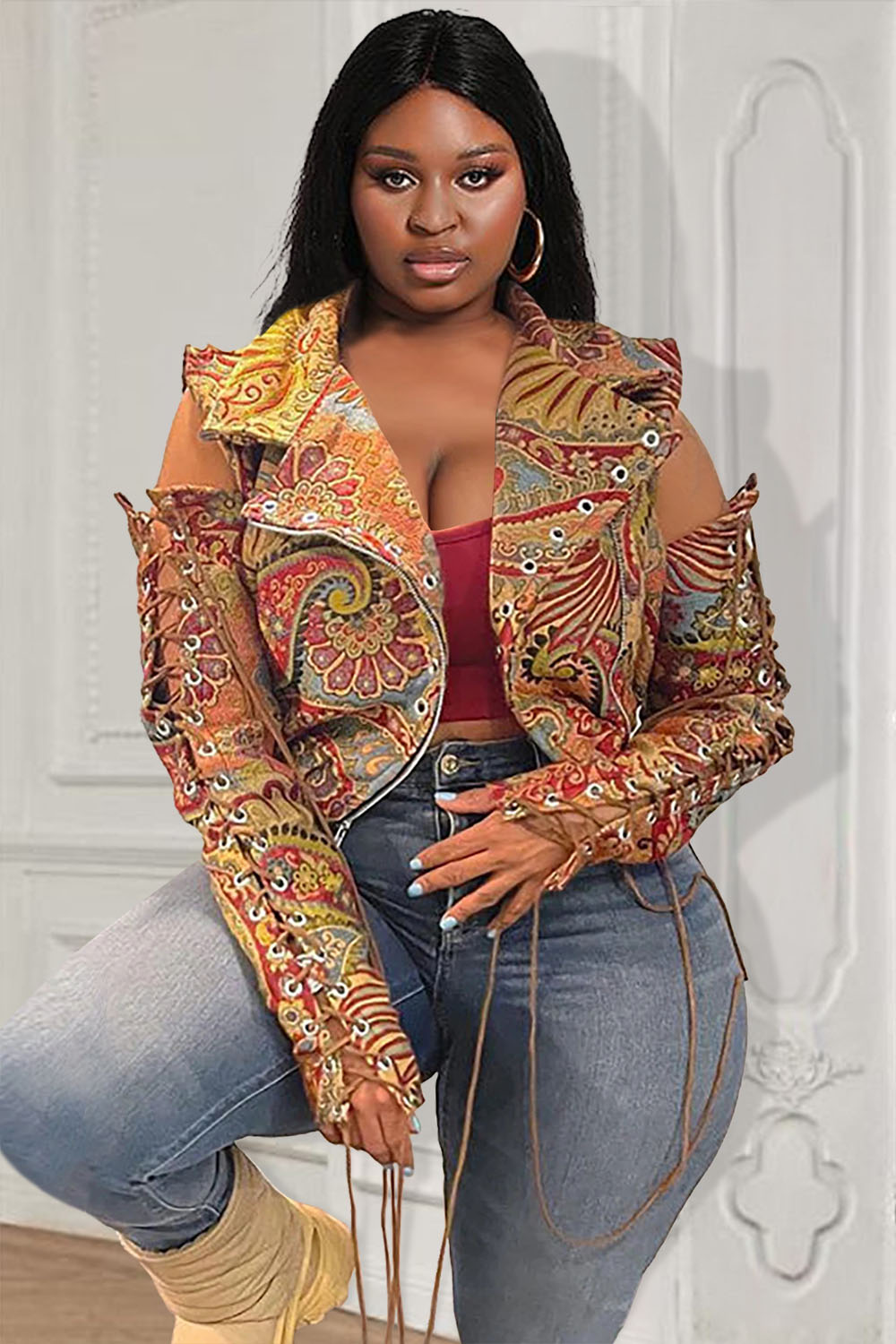 Design Plus Size Jacket Daily Paisley Printing Fall Khaki Pattern Print Drawstring Outerwear Jacket