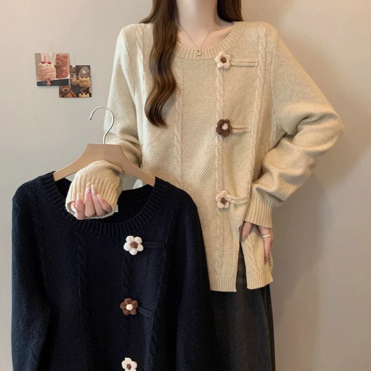Athvotar Athvotar Women's Sweater 2025 Autumn And Winter New Gentle Milk Jacket Sweet Round Collar Flowers Three-Dimensional Decorative Knitwear