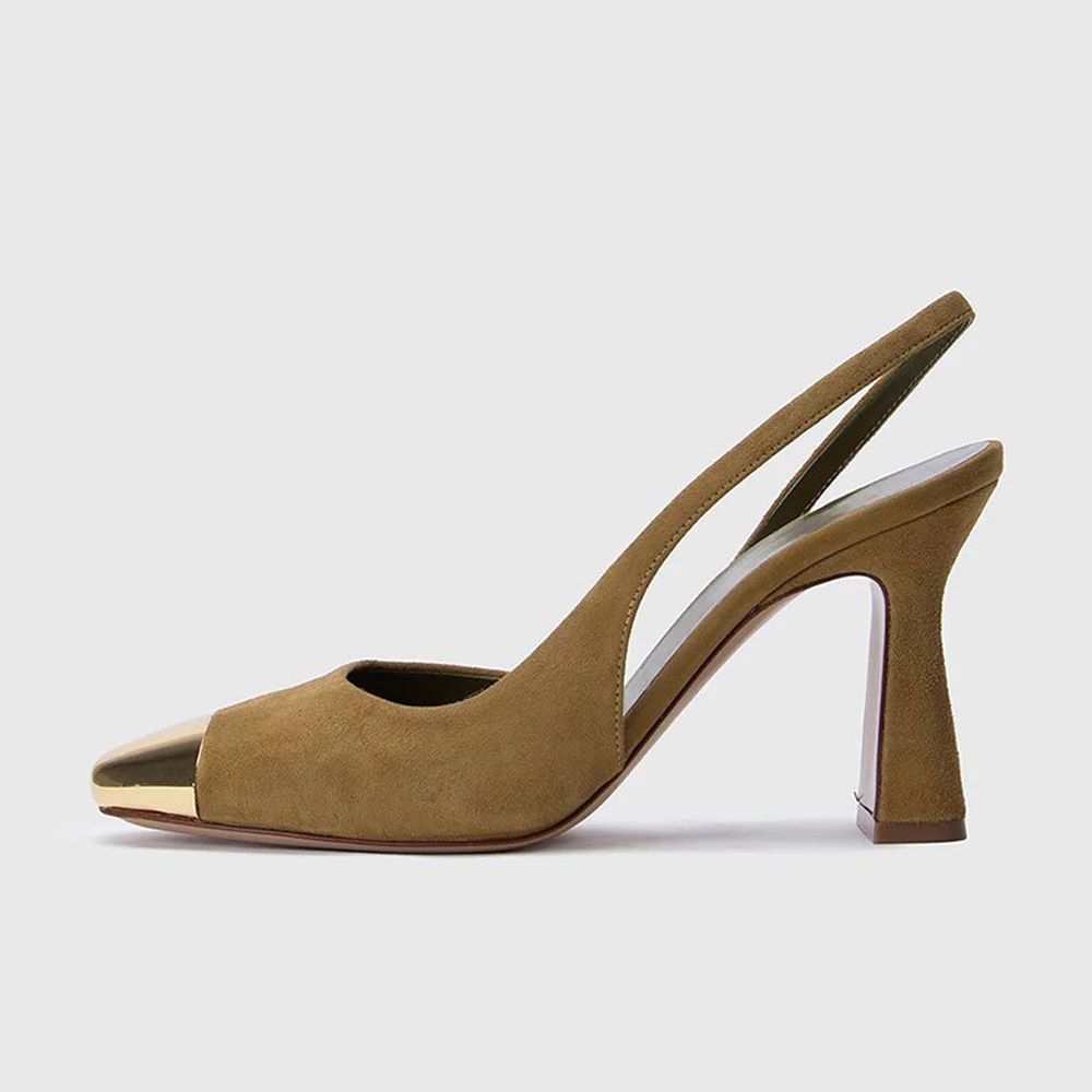 Olive Vegan Suede Metal Cap Square Toe Chunky Heel Slingback Pumps
