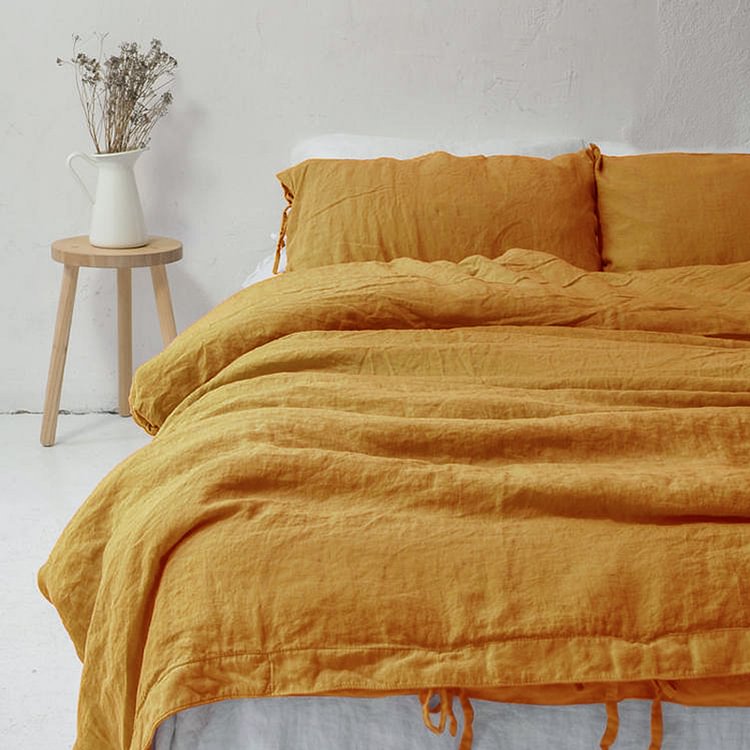 Yellow 100% Flax  Linen Duvet Cover Set Ties Closure Style-ChouChouHome