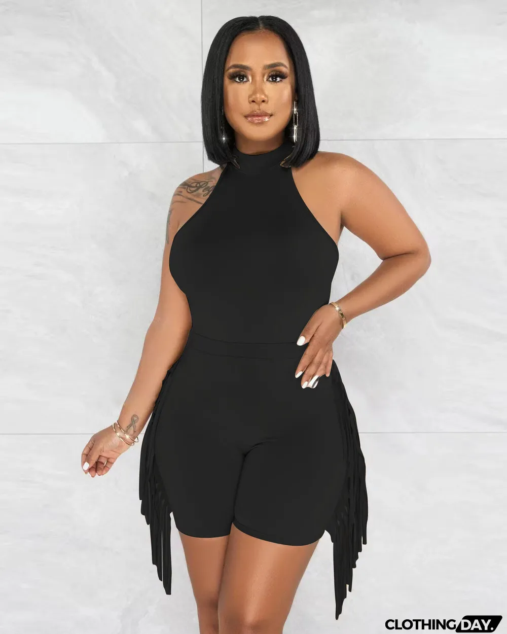 Women's fashion sports ofringed shorts two-piece set