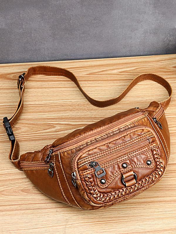 Vintage Studded Washed Leather Functional Bag