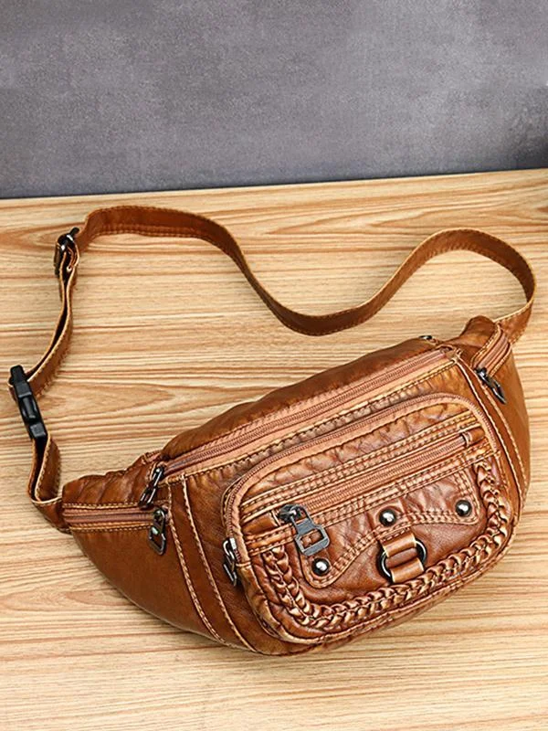 Vintage Studded Washed Leather Functional Bag
