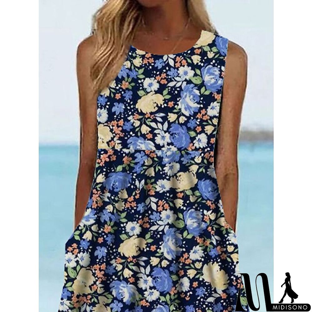 MidiSono - Women's Casual Dress Tank Dress Floral Dress Floral Pocket Print Crew Neck Midi Dress Fashion Modern Daily Holiday Sleeveless Regular Fit Blue Summer Spring S M L XL XXL