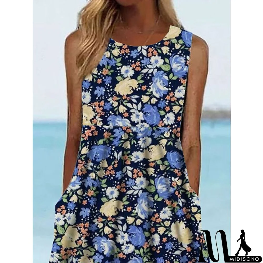 MidiSono - Women's Casual Dress Tank Dress Floral Dress Floral Pocket Print Crew Neck Midi Dress Fashion Modern Daily Holiday Sleeveless Regular Fit Blue Summer Spring S M L XL XXL
