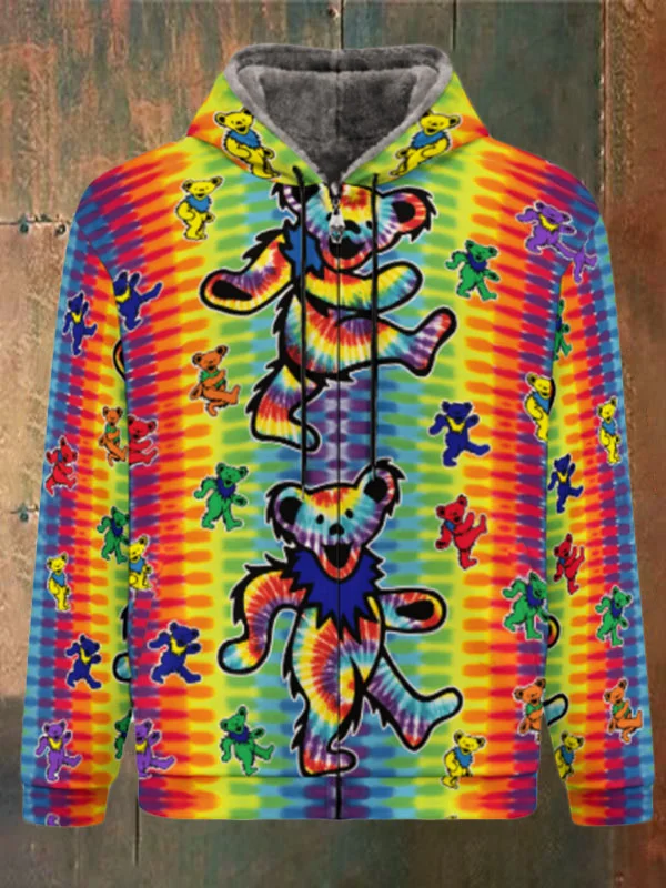 Unisex Bear Print Double Layer Fleece Zip-Up Hooded Jacket