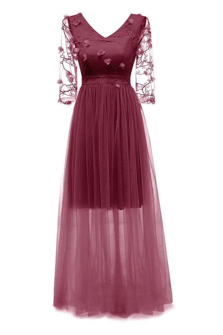Burgundy Long V-neck Applique A-line Prom Dress With Sleeves - BlackFridayBuys