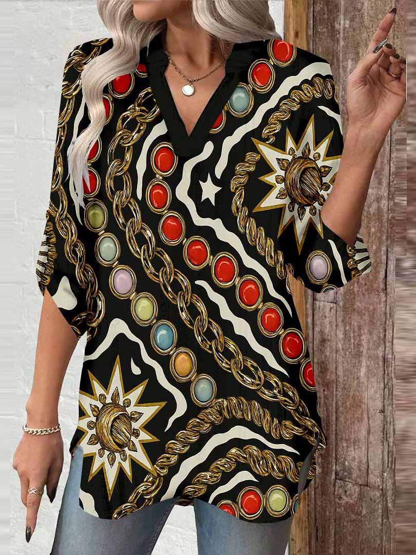 Women Chain, Black, Red DZGA0118 3/4 Sleeve V-neck Printed Graphic Button Tops