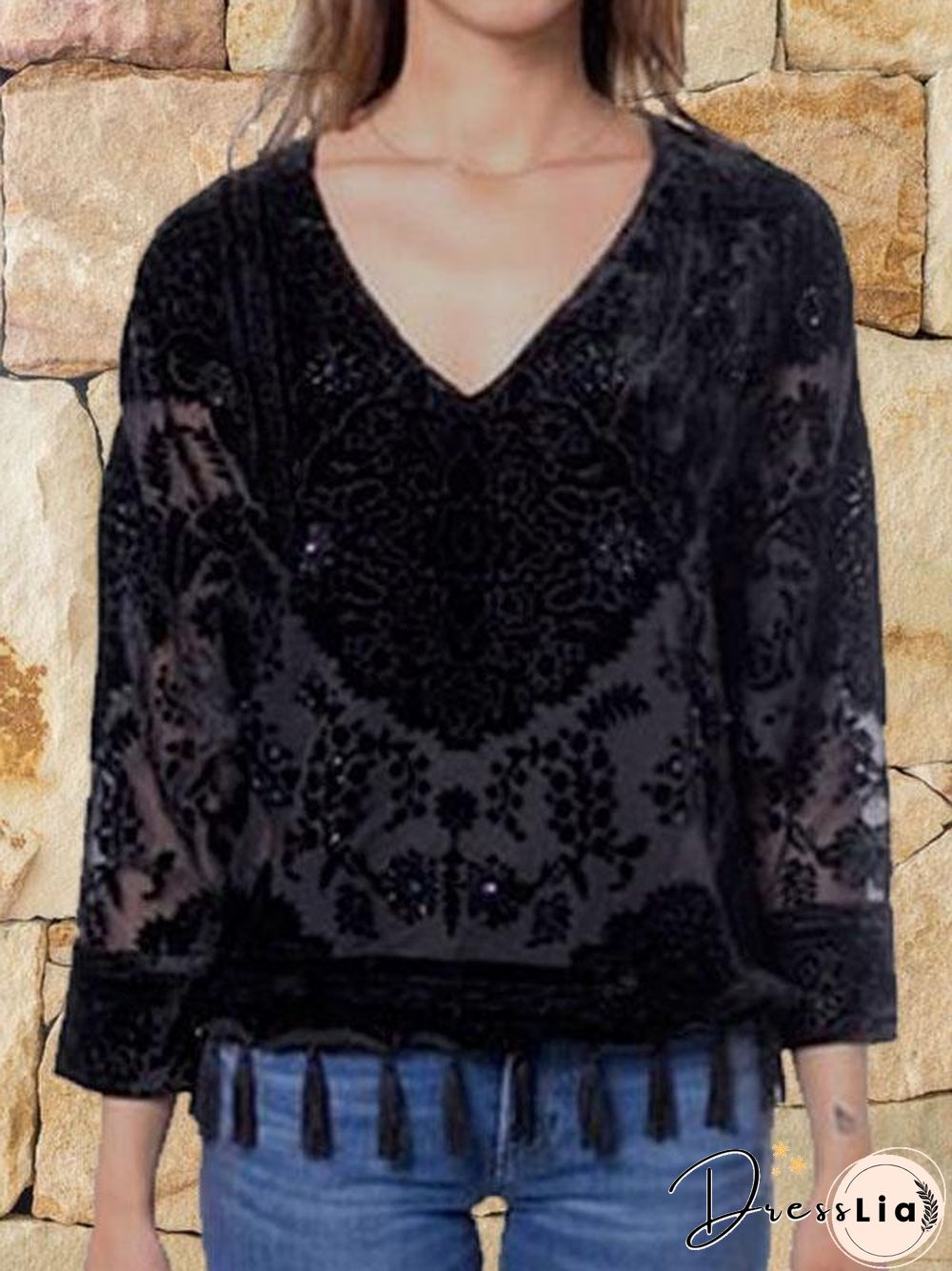 V Neck Loose Fringe Embroidery Shirt