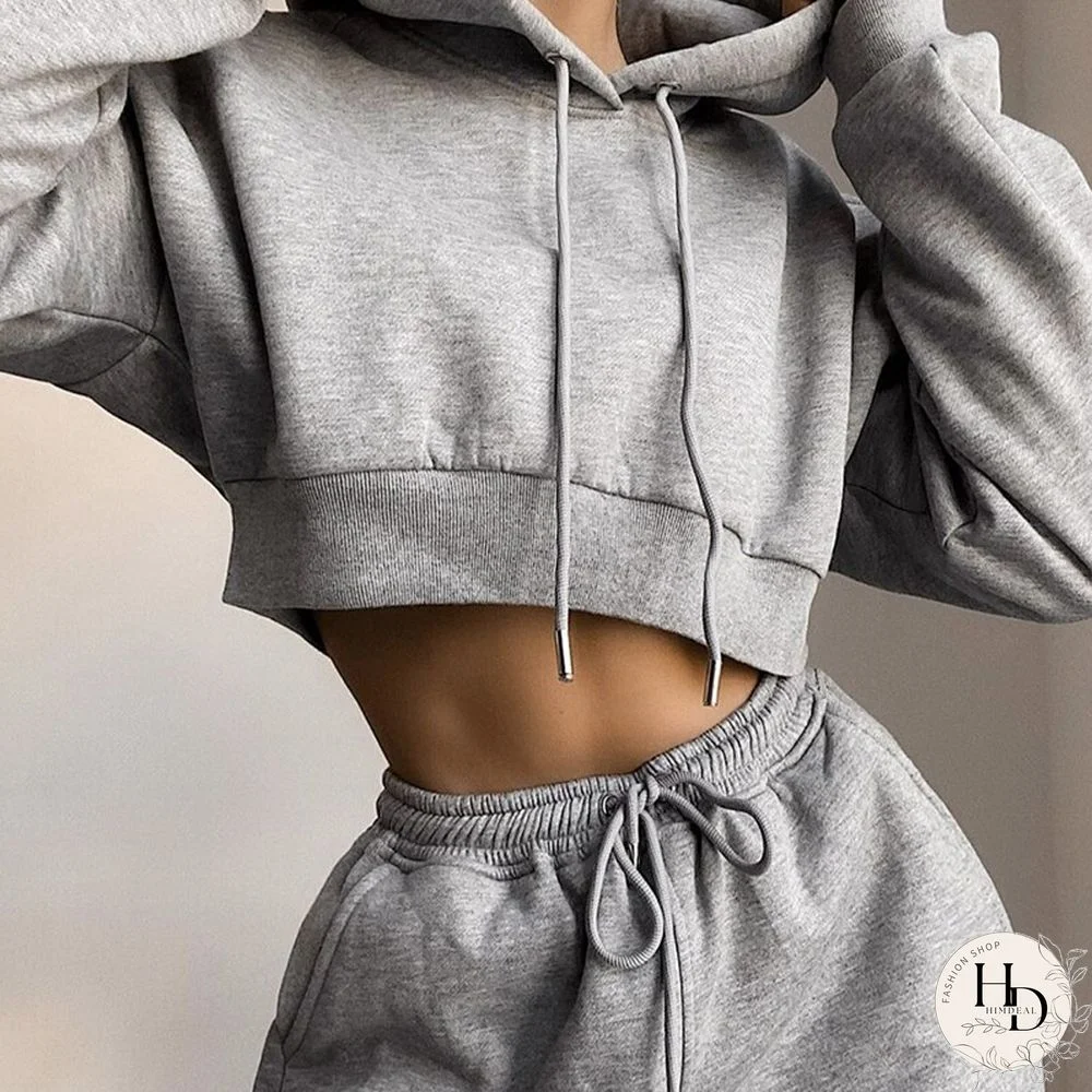 Autumn Hooded Sweatshirt Tracksuit Casual Loose Two Piece Solid Set Women Long Sleeve Tops Pullover And Drawstring Pants Outfits