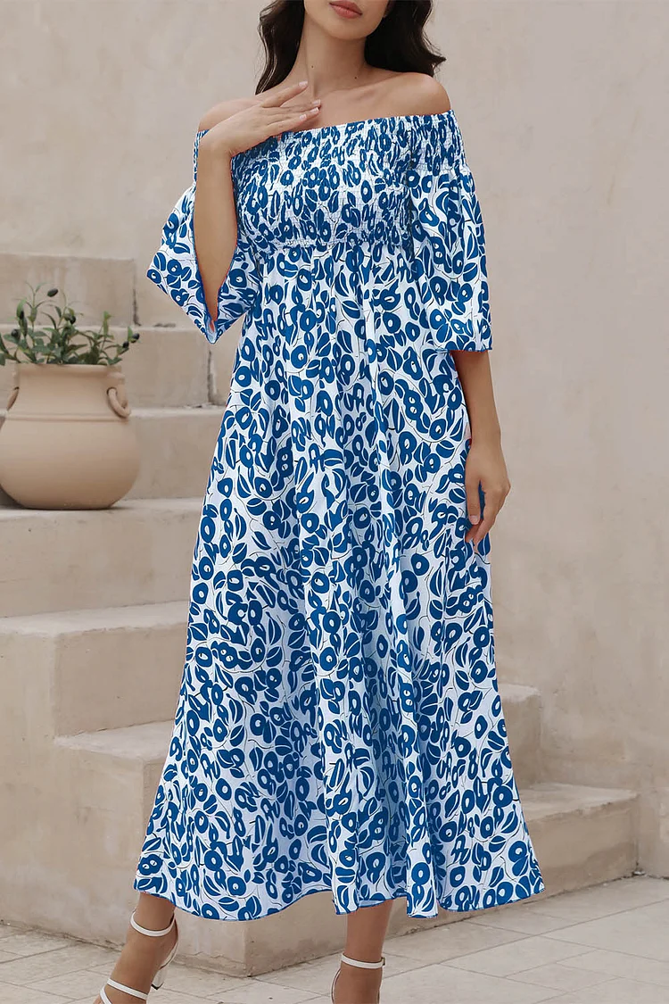 Everyday Blue Floral Print Smocked Off The Shoulder Flare Sleeve Pocket Midi Dress