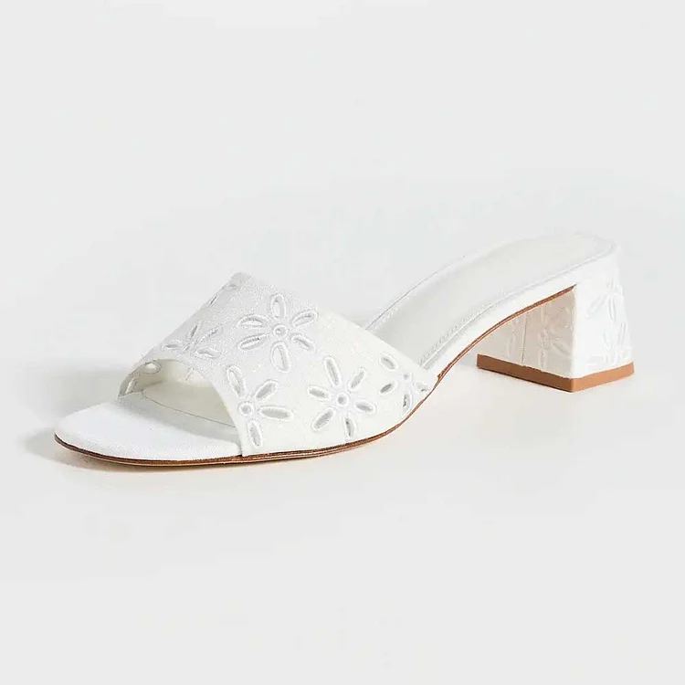 White Canvas Daisy Cutouts Embroidered Block Heel Mules Sandals |FSJ Shoes