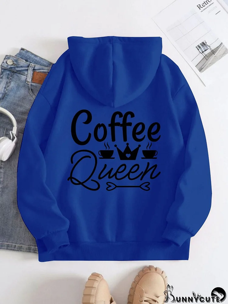 Printed on the Back Kangaroo Pocket Hoodie Long Sleeve for Women Pattern Coffee Queen