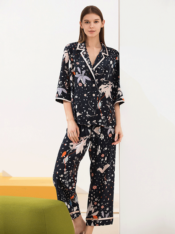 25 Momme High Quality Flower Printed Black Silk Pajamas Set REAL SILK LIFE