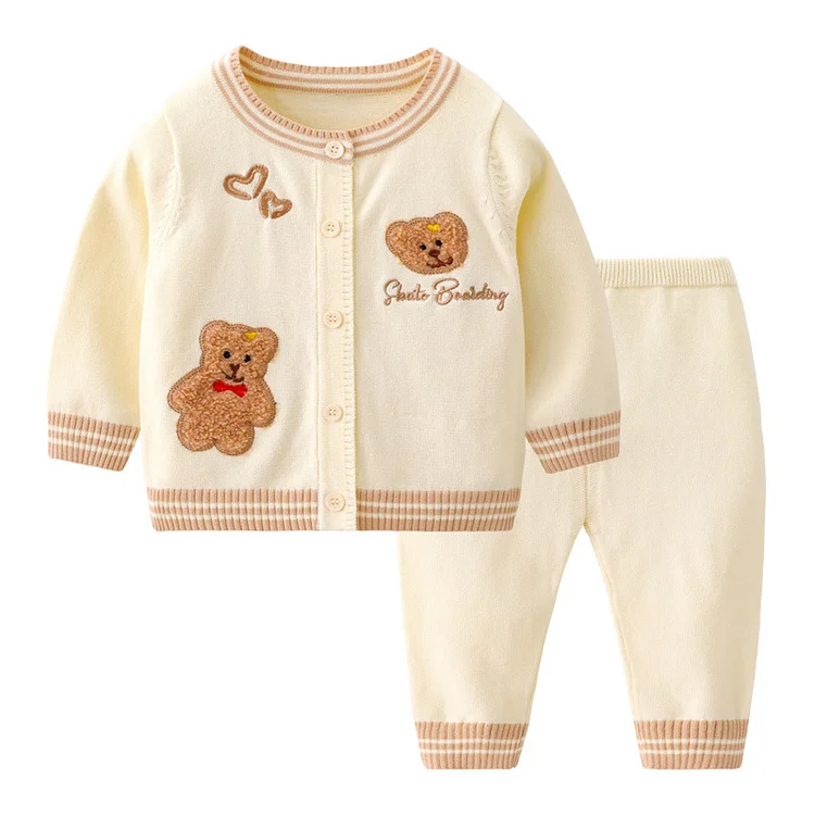 Baby Boy/Girl Ribbed Knit Bear Design Cardigan Sweatshirt with Pants Set