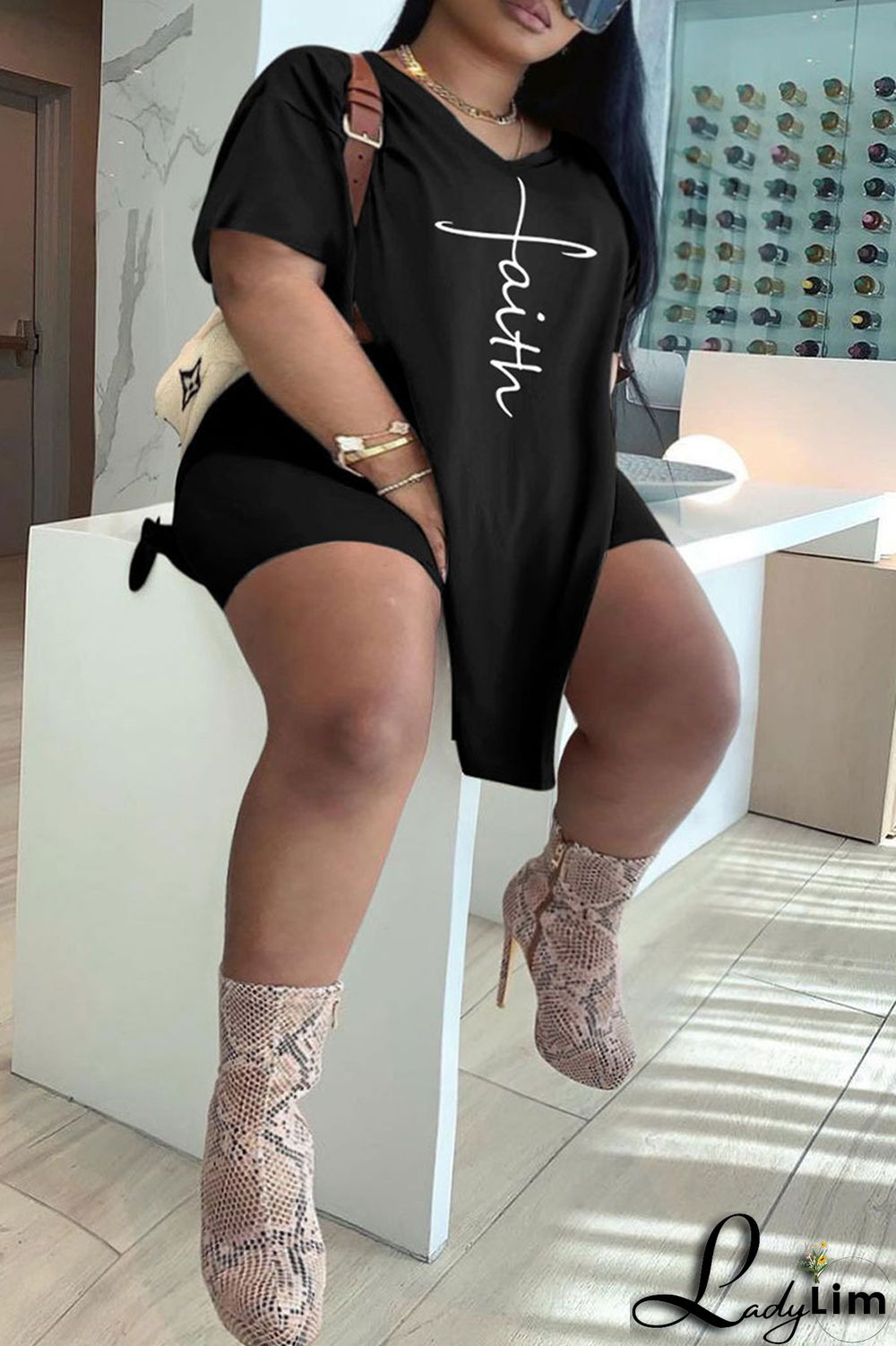 White Fashion Casual Print Slit V Neck Plus Size Two Pieces