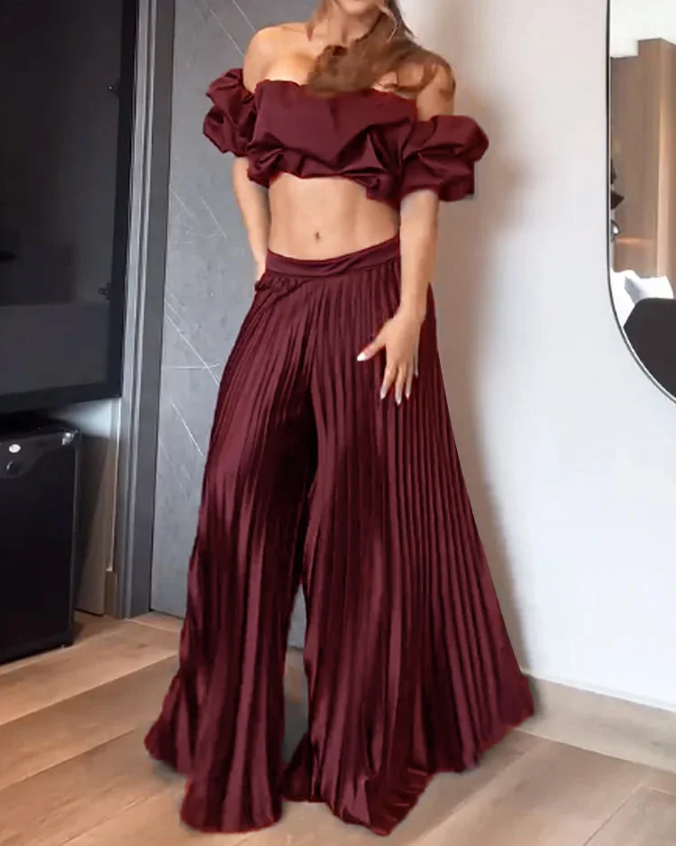 One-shoulder solid color pleated two-piece suit