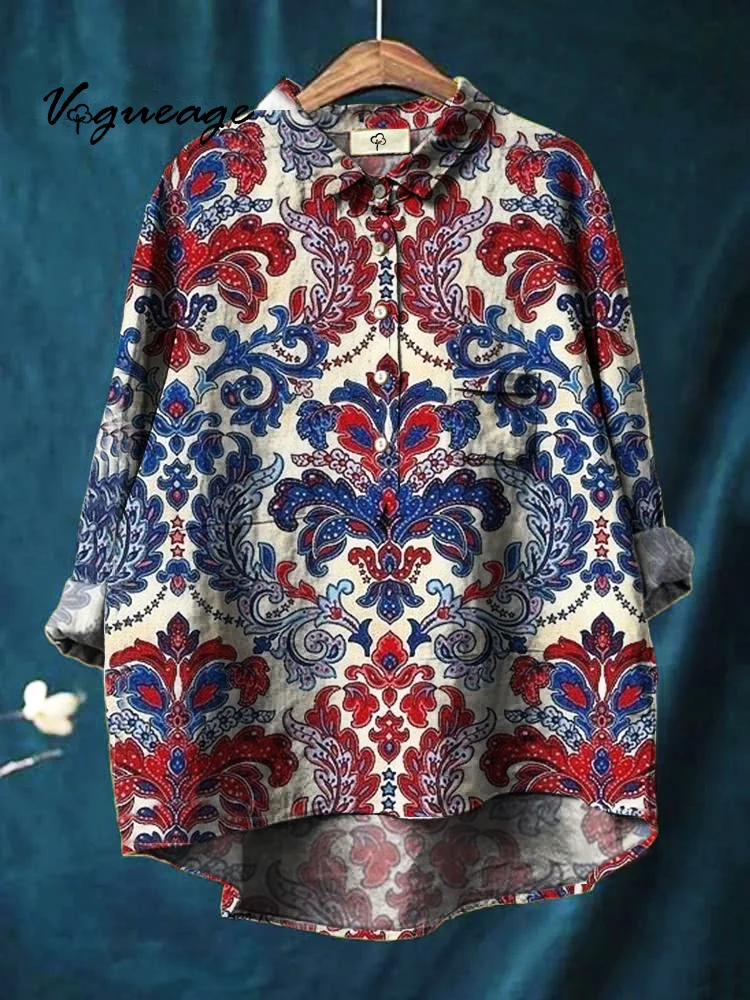 Low-Key Symmetrical Ethnic Style Plants Printed Cotton And Linen Shirt