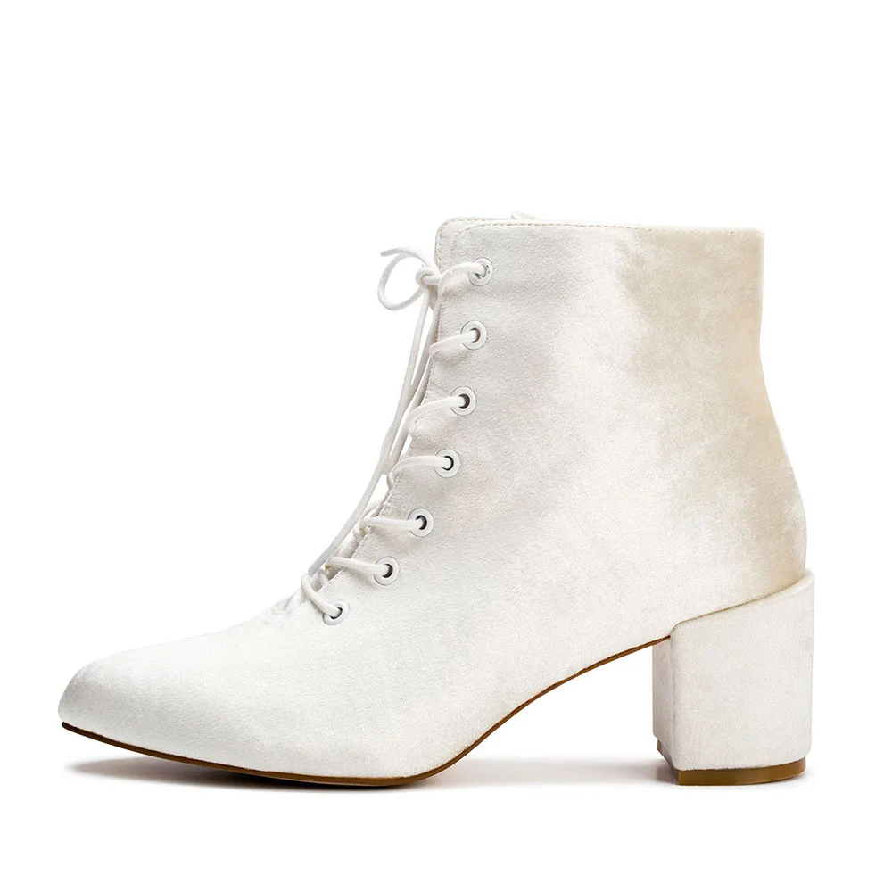 White Velvet Pointed Toe Lace-Up Ankle Boots with Chunky Heels Nicepairs