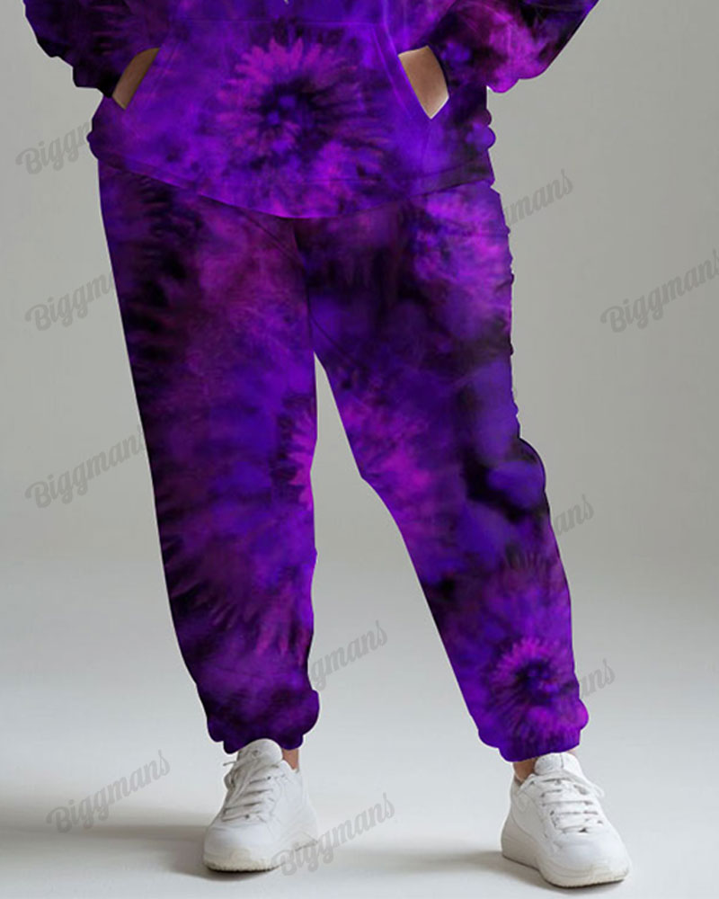 Women's Big Size Tracksuit Tie Dye Heart Print Hoodie Sweatpants Set