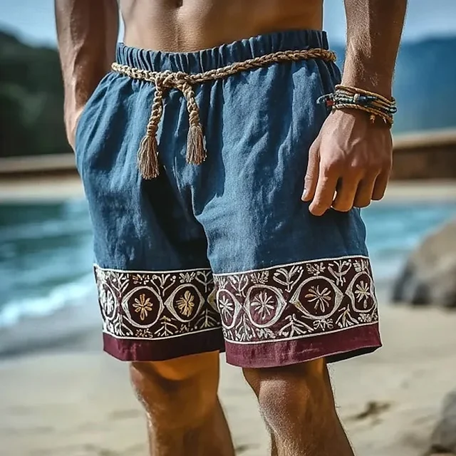 Men's Shorts Linen Shorts Summer Shorts Beach Shorts Pocket Drawstring Elastic Waist Plain Comfort Breathable Knee Length Outdoor Daily Holiday Vacation Ethnic Style Blue