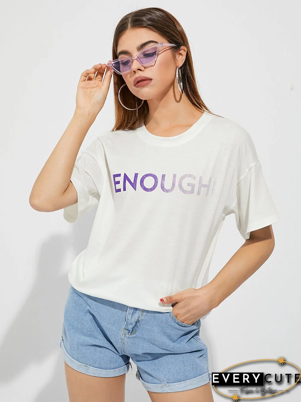 Ombre Letters Print Short Sleeve Crew Neck Casual T-shirt
