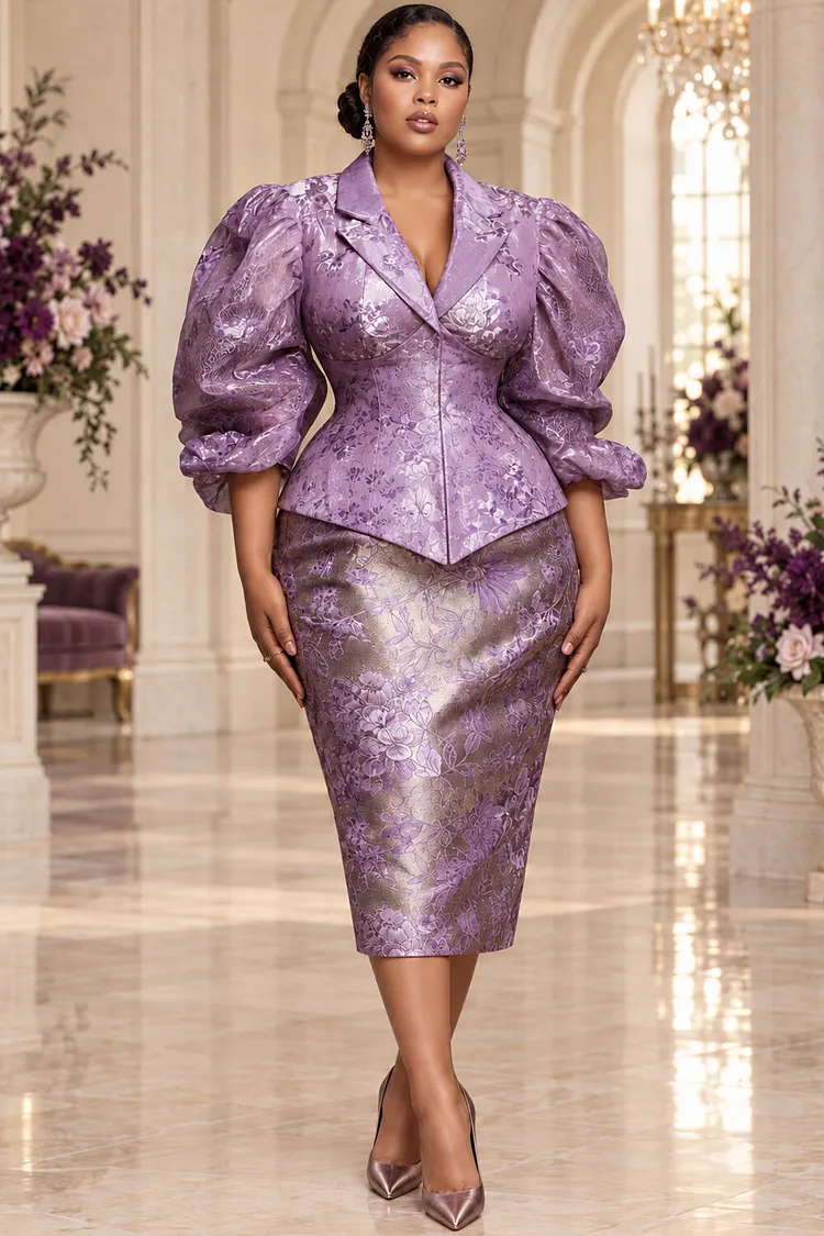 Xpluswear Design Plus Size Formal Purple Floral Turndown Collar Puff Sleeve 3/4 Sleeve Asymmetric Hem Irregular Hem Satin Two Piece Skirt Sets [Pre-Order] 2024 - Xpluswear
