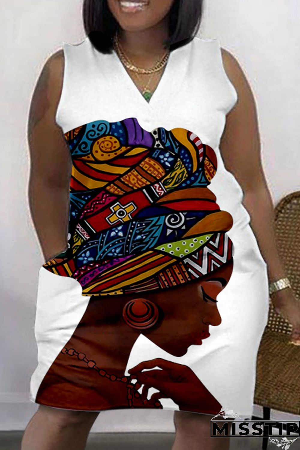 Green Fashion Casual Print Patchwork V Neck Sleeveless Plus Size Dress