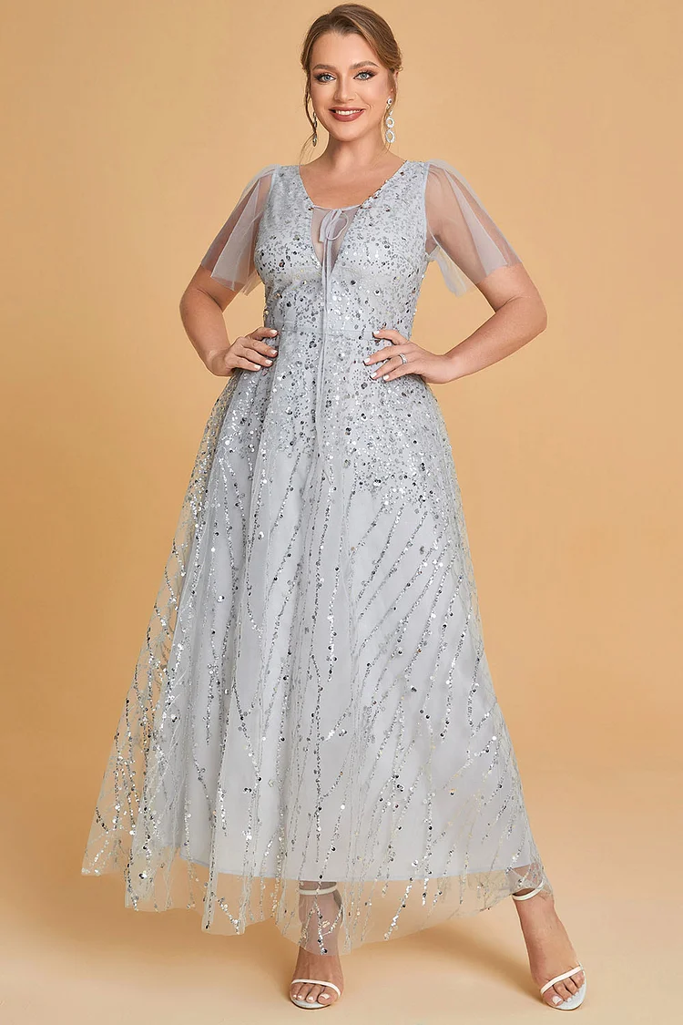 Flycurvy Plus Size Mother Of The Bride Silver Sequin Ruffle Sleeve Lace-Up V Neck Sparkly Maxi Dress  Flycurvy [product_label]