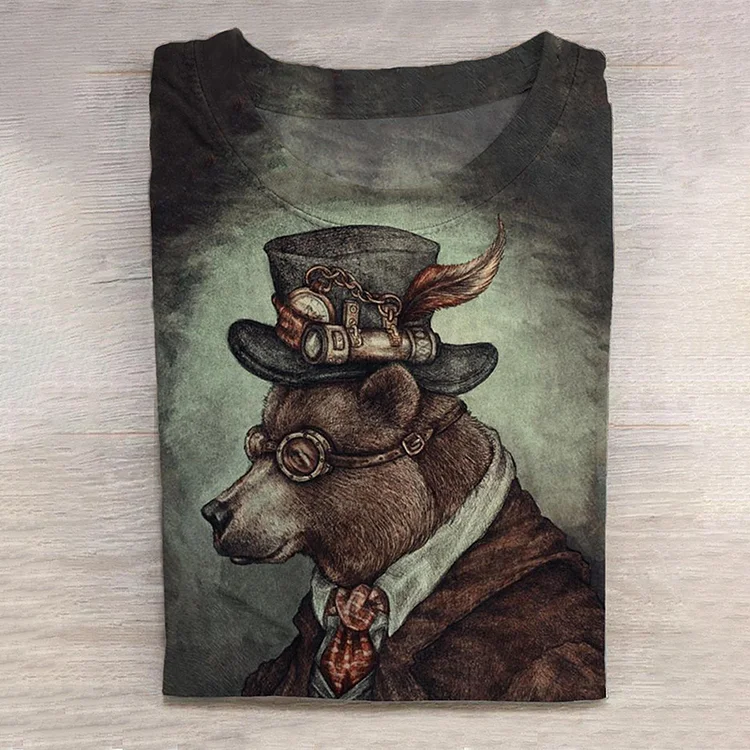 Men's Vintage Bear Print Round Neck Short Sleeve T-Shirt