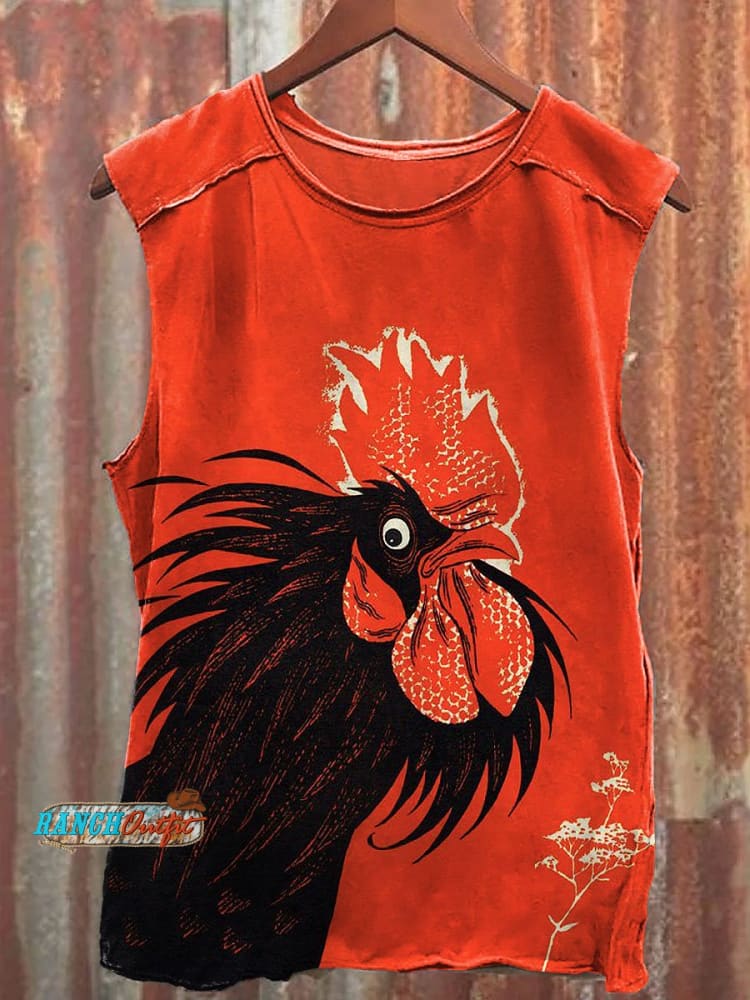 Vintage Farm Chicken Print 100% Cotton Casual Tank Top Multicolor / S