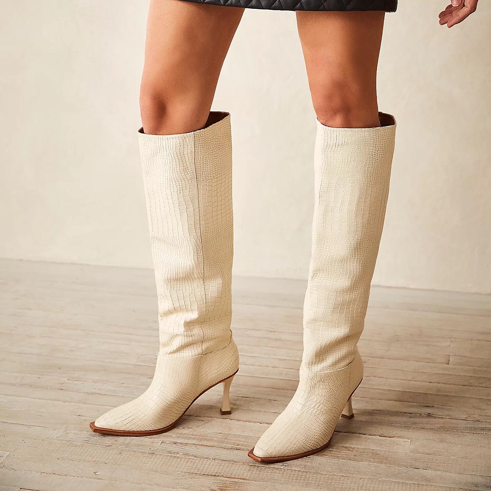 White Snip Toe 3'' Kitten Heel Wide Calf Knee High Croc Embossed Boots Nicepairs