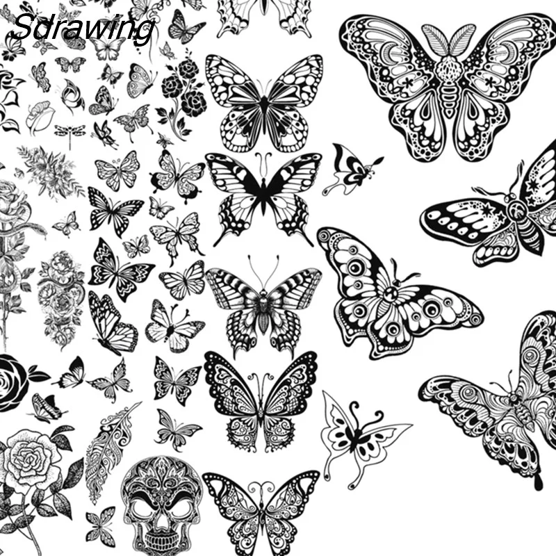 Sdrawing Butterfly Temporary Tattoos For Women Girls Realistic Skull Rose Flower Snake Feather Fake Tattoo Sticker Back Arm Tatoos