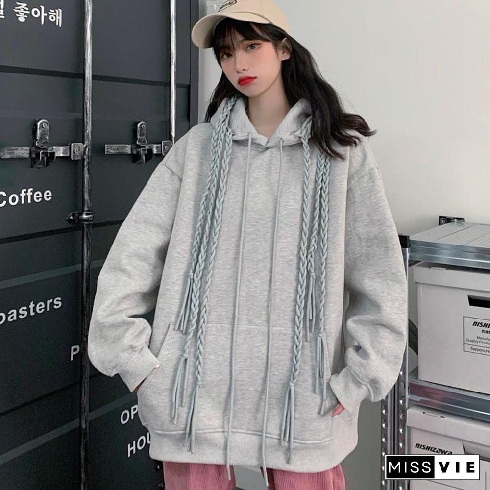 Fashion Women Sweatshirts Japanese Style Gray Casual Long Sleeve Loose Hooded Hoodies Spring Autumn Girls Lace Up Clothes