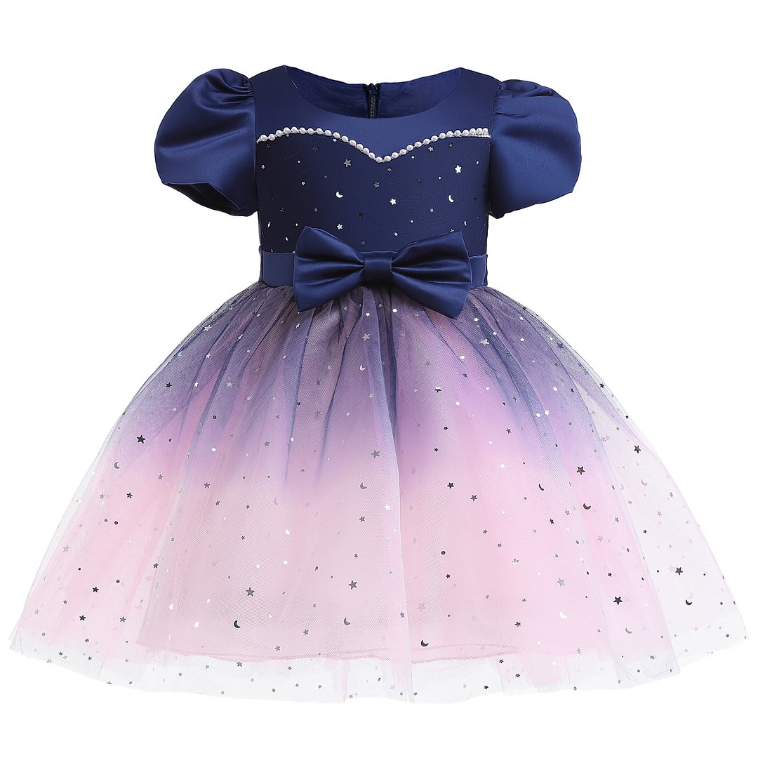 Buzzdaisy Gradient Princess Dress For Girl Contrast Collar Star Bow-Knot Cap Sleeve Machine Wash Cotton Winter