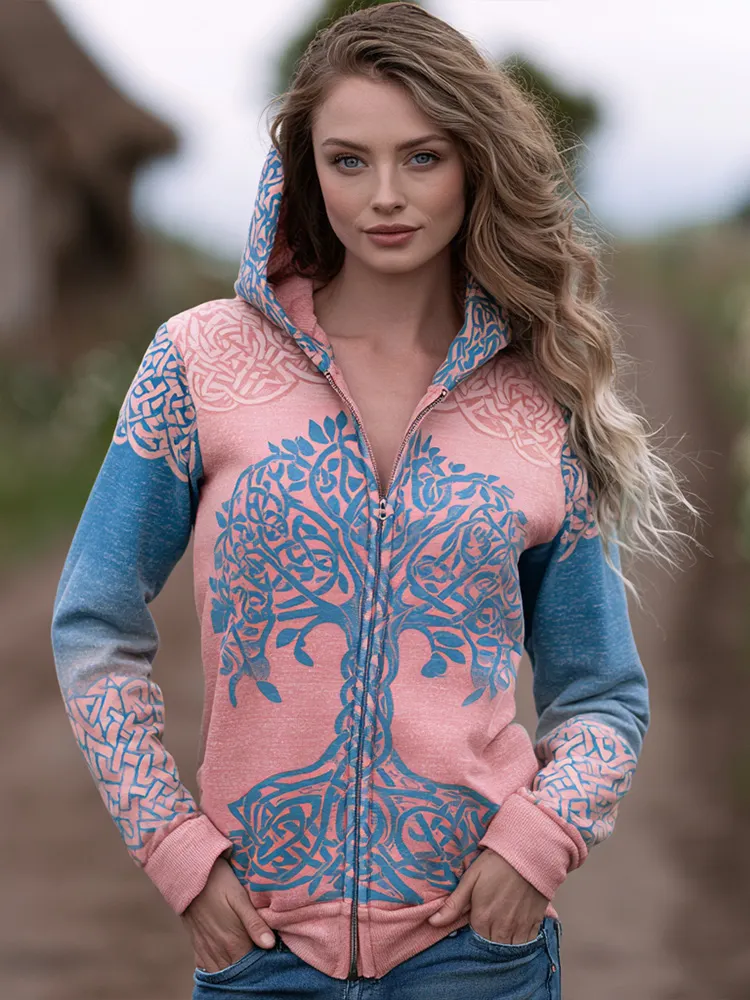Women's Viking Tree Of Life And Celtic Knot Print Color-block Comfortable Warm Hoodie