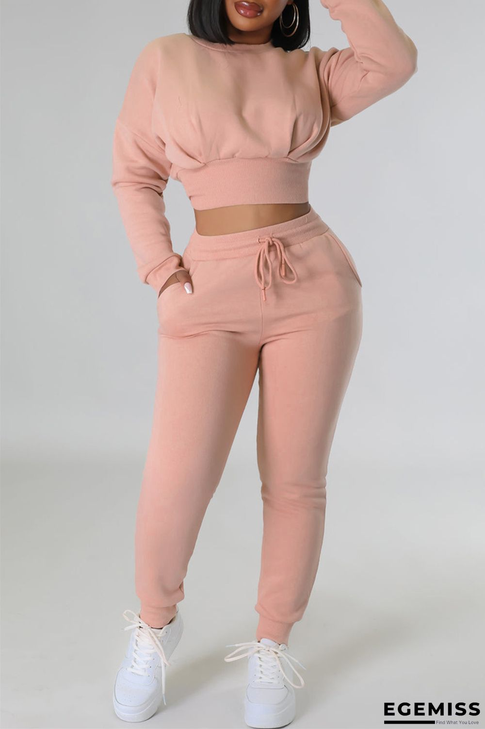 Pink Casual Solid Patchwork O Neck Long Sleeve Two Pieces | EGEMISS