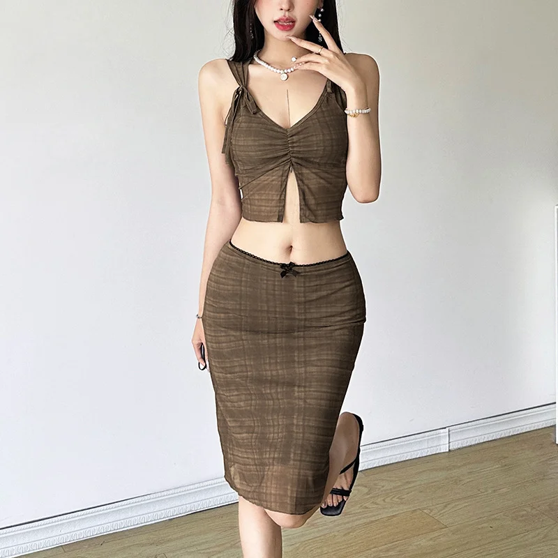 Toloer Toloer Summer New Women's Wear Waist Draw Pleated Plaid Crop Small Vest Slim Skirt-Outfit Ideas