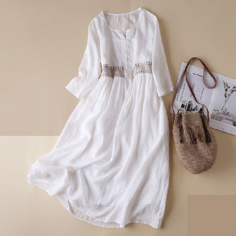 Ethnic Embroidered Loose Casual Midi Dress wearshes