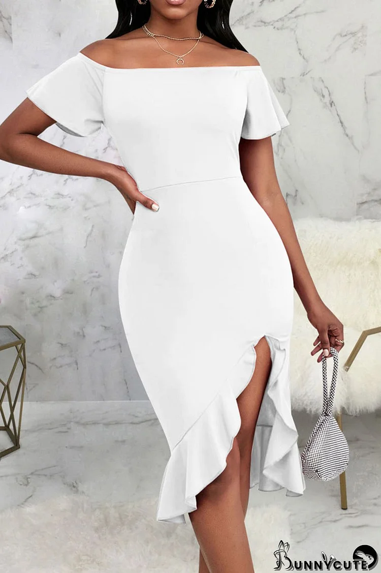 White Sexy Solid Patchwork Flounce Asymmetrical Off the Shoulder Straight Dresses